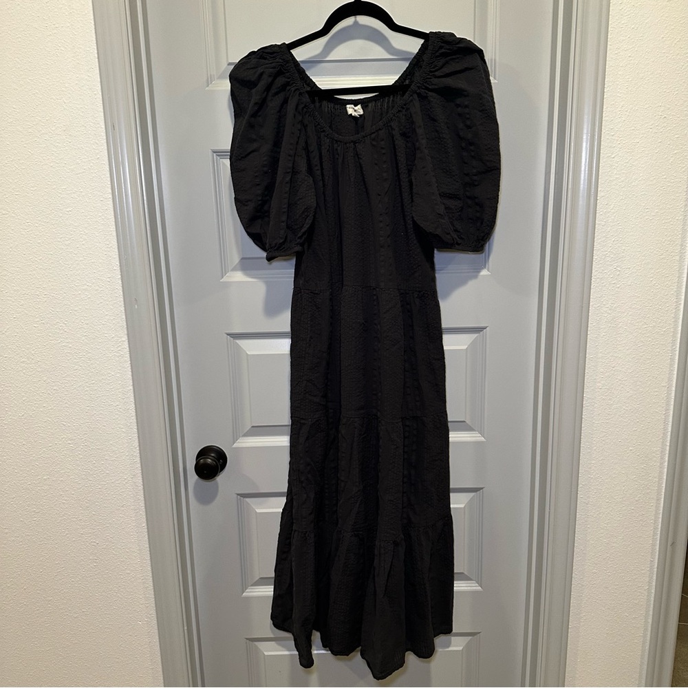 World Market Grey Textured Puff Sleeve Tiered Dress size S/M